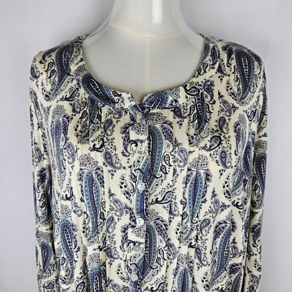 Rose + Olive Womens 1X Paisley Border Boho Print Tunic Top Blue & White - Picture 2 of 9